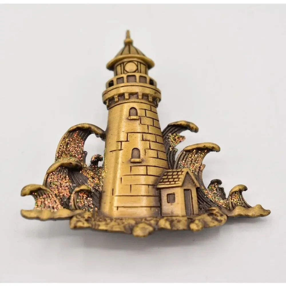 JJ Vintage Lighthouse Pin Brooch Glitter Beach Waves Bronze Signed 1980s BinAH